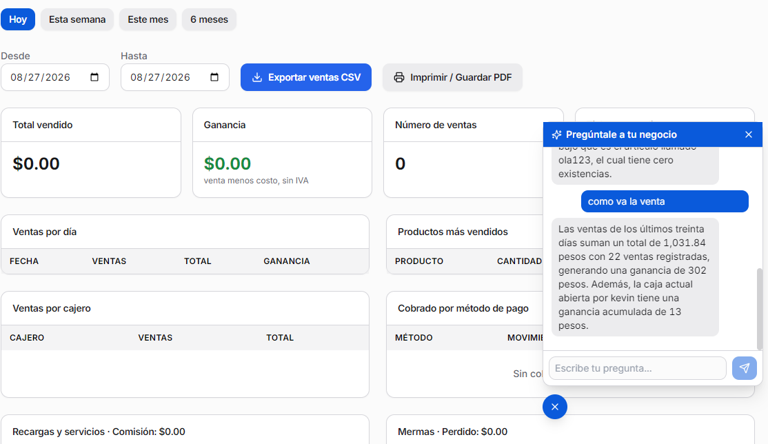 Asistente de IA de Chatino POS respondiendo cómo va la venta