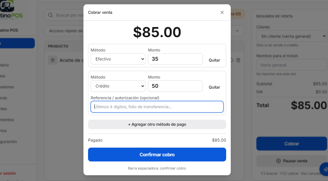Cobro combinando efectivo y crédito en Chatino POS