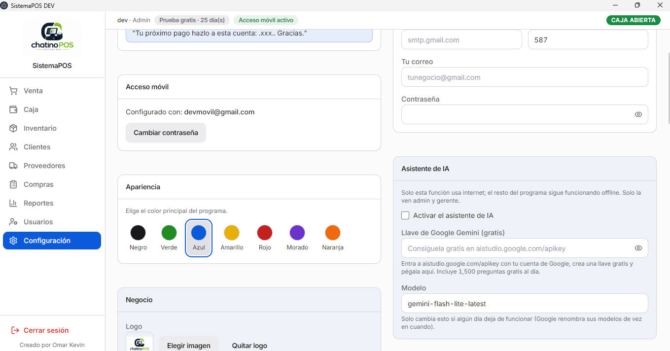 Pantalla de Configuración de Chatino POS