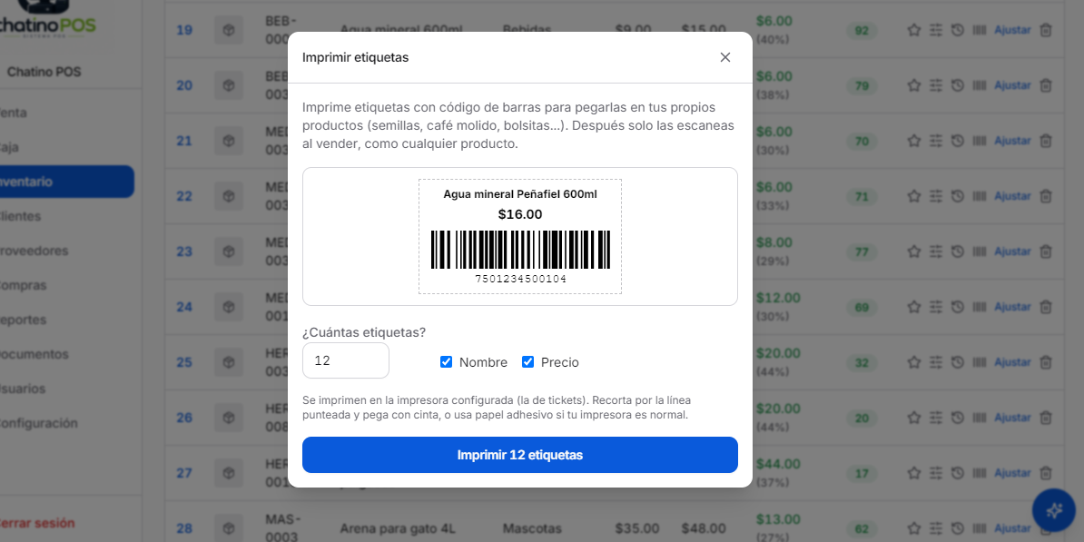Pantalla para imprimir etiquetas con código de barras en Chatino POS