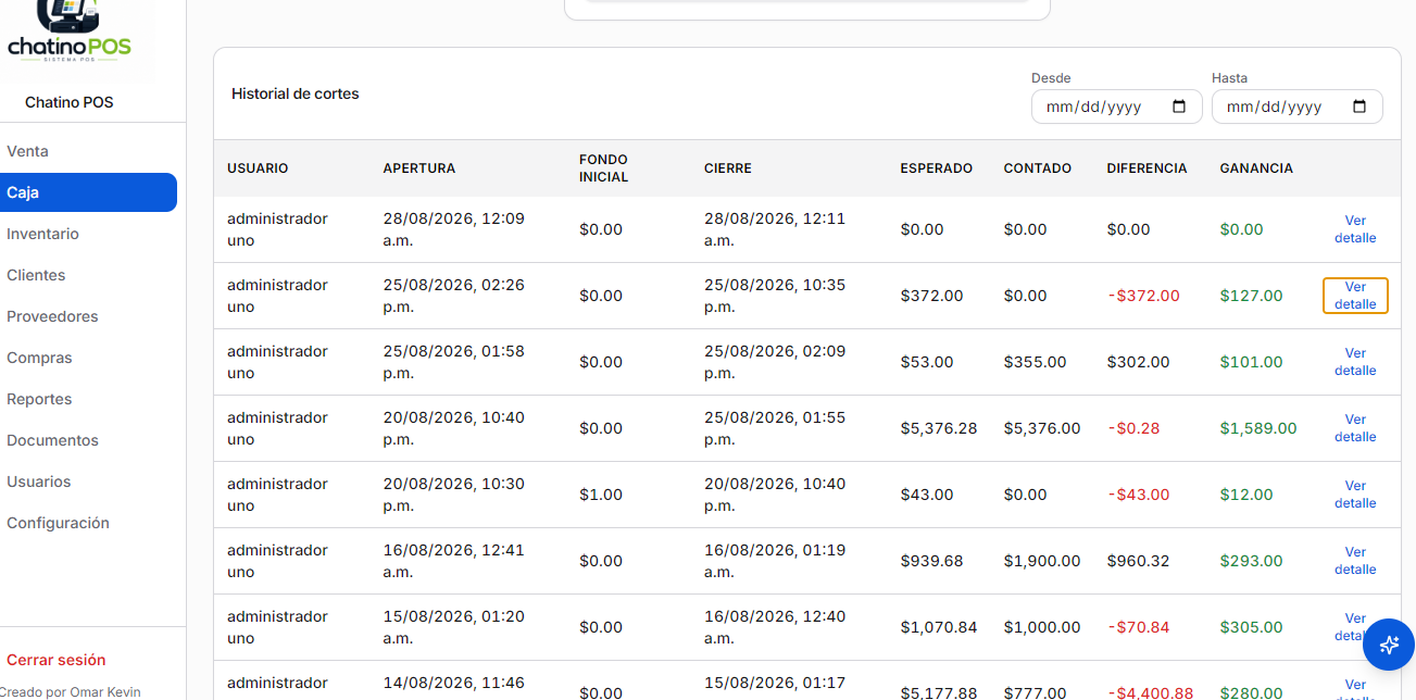 Historial de cortes de caja en Chatino POS