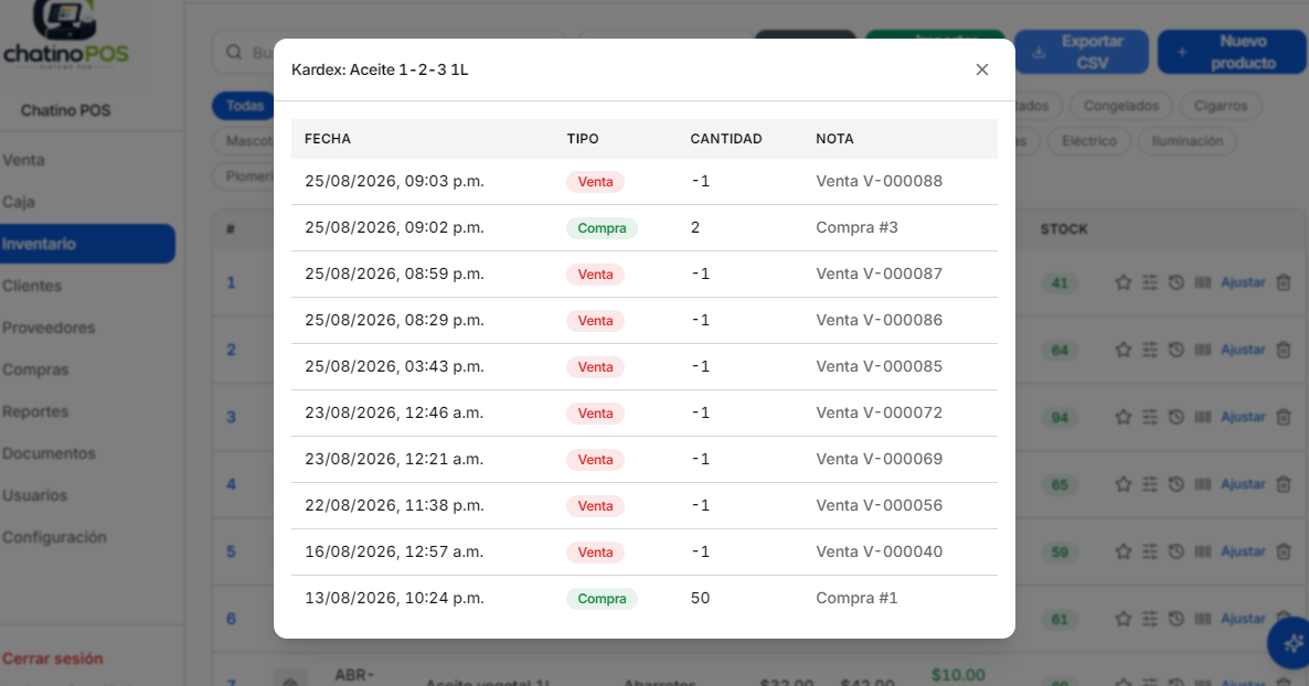 Kardex: historial de movimientos de un producto en Chatino POS