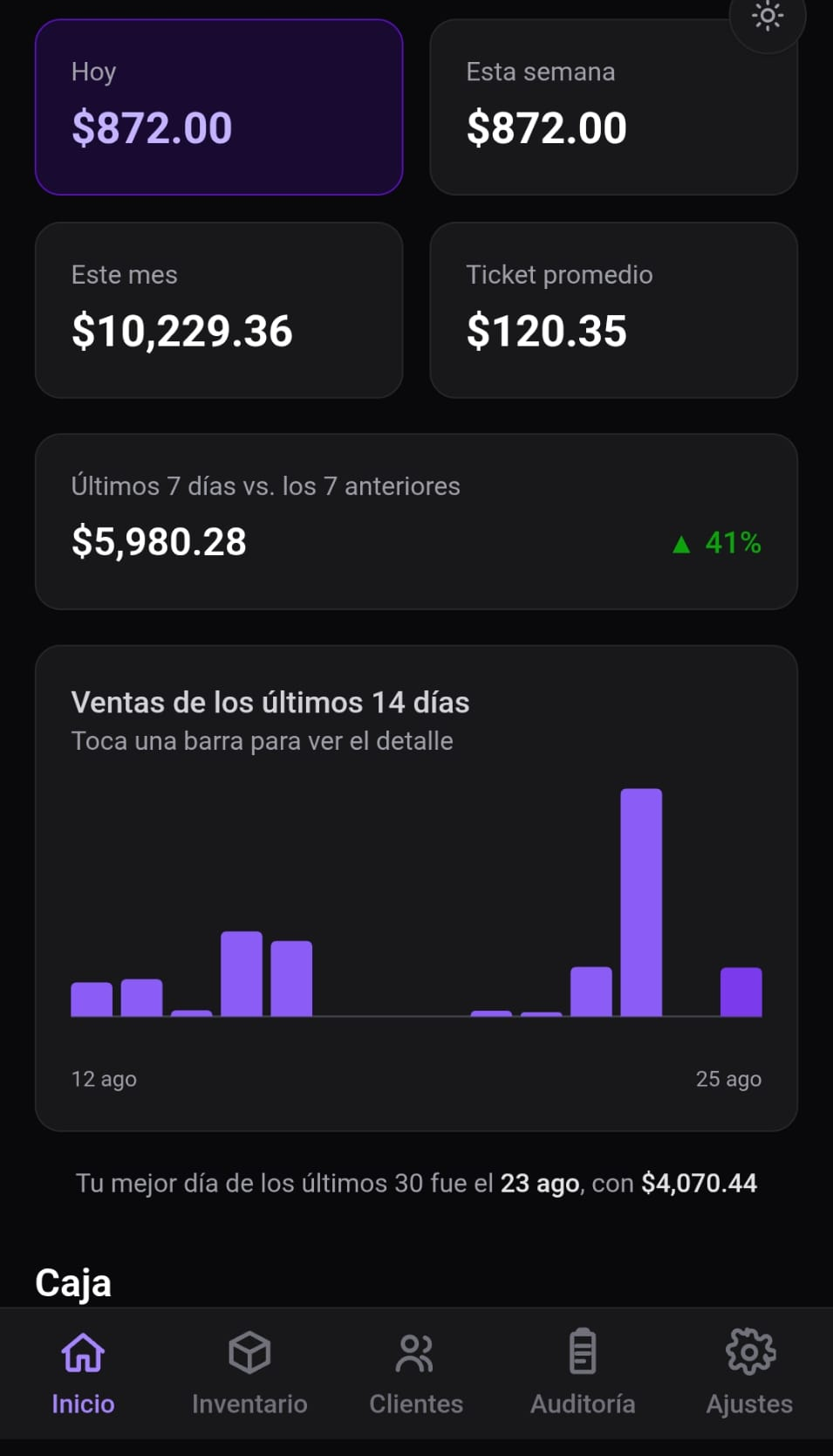 Resumen de ventas de Chatino POS visto desde un celular real
