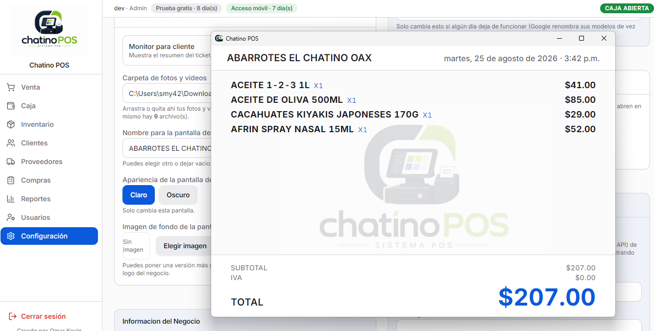 Segunda pantalla de Chatino POS