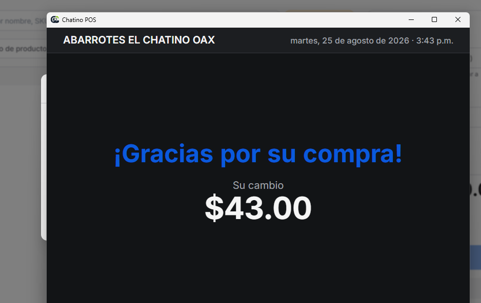 Segunda pantalla de Chatino POS mostrando el aviso de gracias por su compra