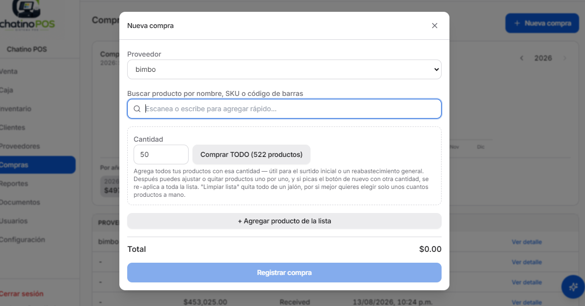 Pantalla para registrar una compra en Chatino POS