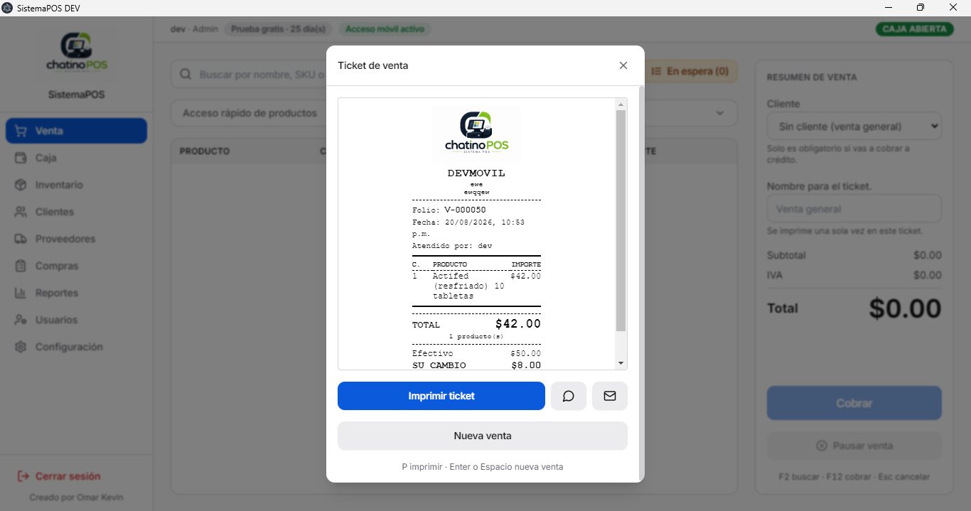 Ticket de venta de Chatino POS
