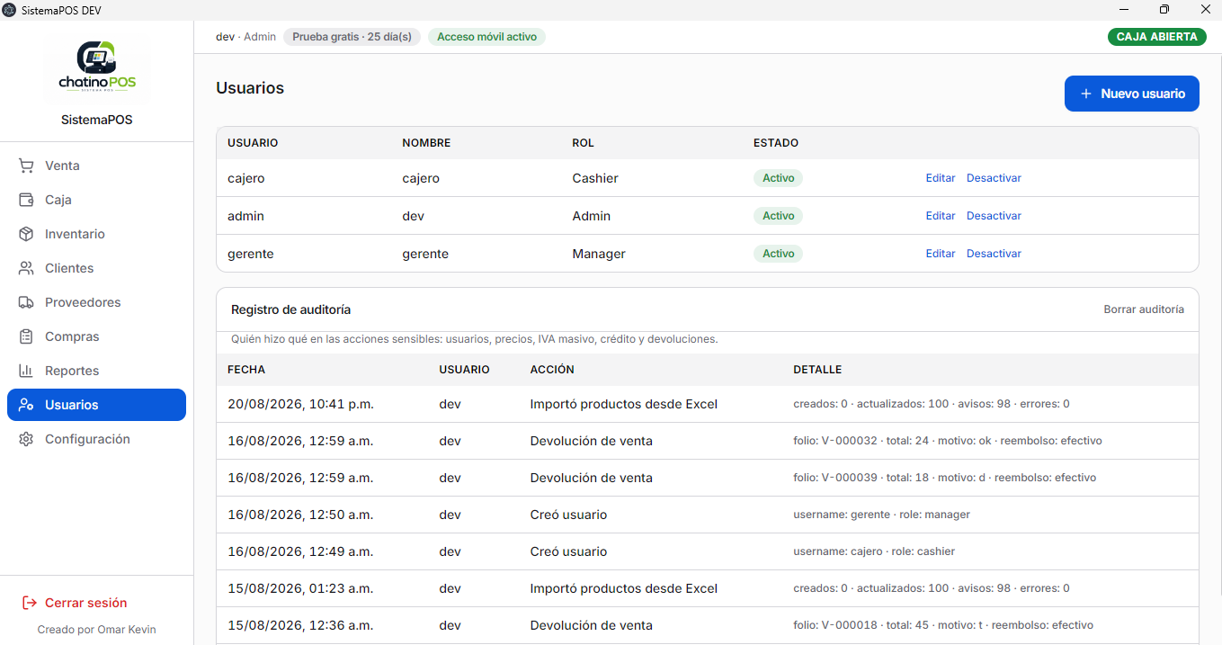 Pantalla de Usuarios y auditoría de Chatino POS