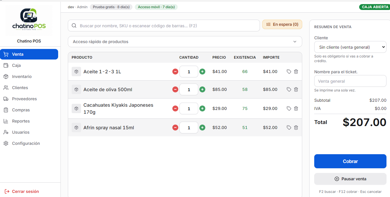 Pantalla de Venta de Chatino POS